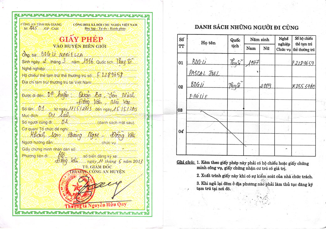 Permis spécial pour la province de Hà Giang, Vietnam