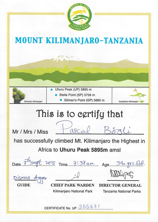Certificat du parc national du Kilimandjaro, Tanzanie