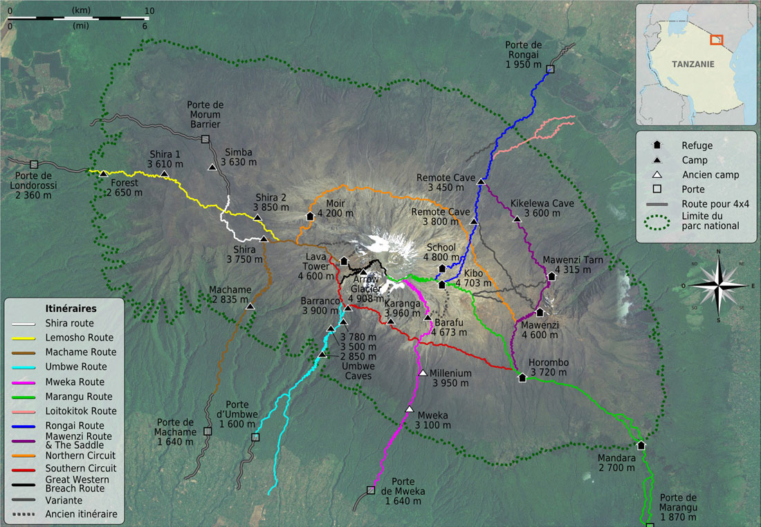 Carte des différents itinéraires sur le Kilimandjaro