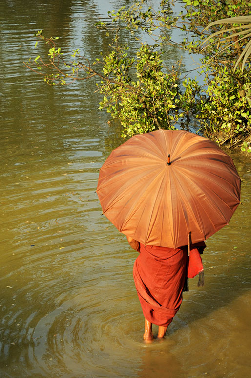Moine faisant un bain de pieds à Mrauk U, Birmanie
