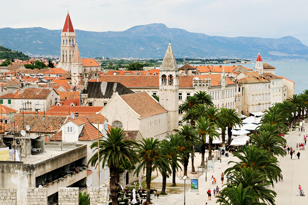 Clochers et palmiers de la ville historique de Trogir, Croatie