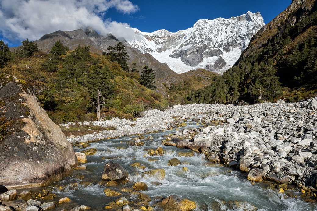 Rivière devant le majestueux Gangchhenta, Bhoutan