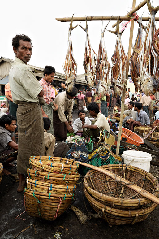 Paniers et poissons au marché de Sittwe, Birmanie