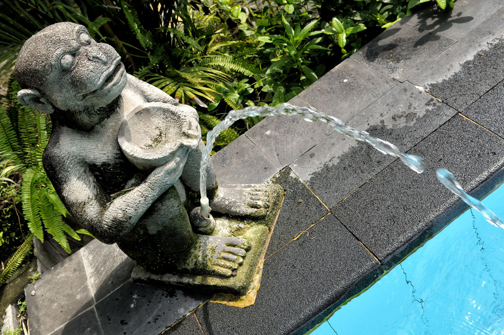 Statue de singe au bord d'une piscine à Yogyakarta, Indonésie