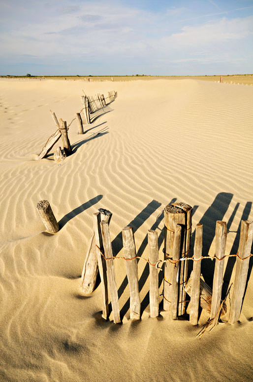 Ganivelles et sable le long de la Digue à la Mer, France