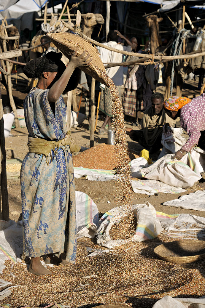 Femme avec un panier de céréales au marché de Bati, Ethiopie