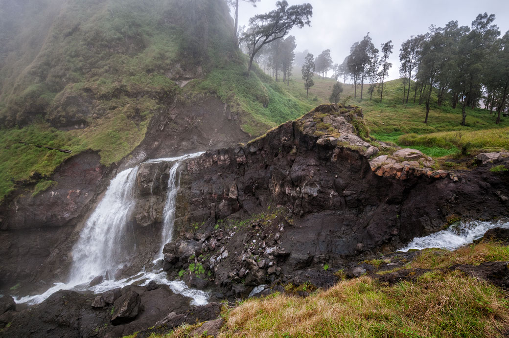 Chutes et forêt près du lac sur le Mont Rinjani, Lombok