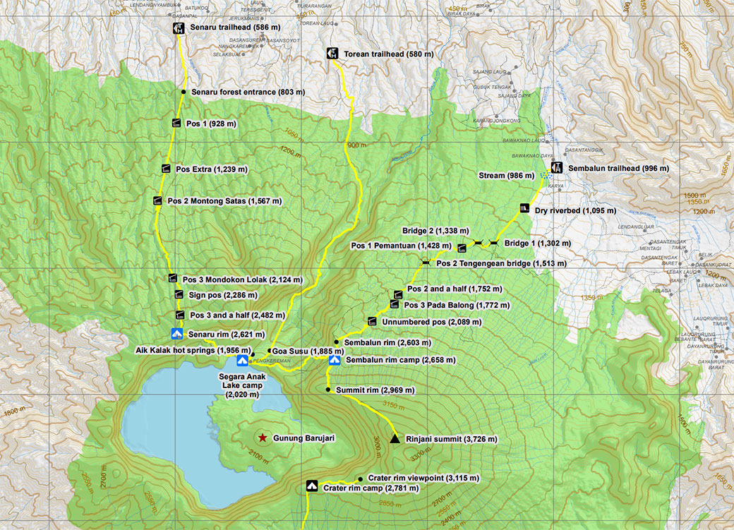 Carte des sentiers de trekking sur le Mont Rinjani