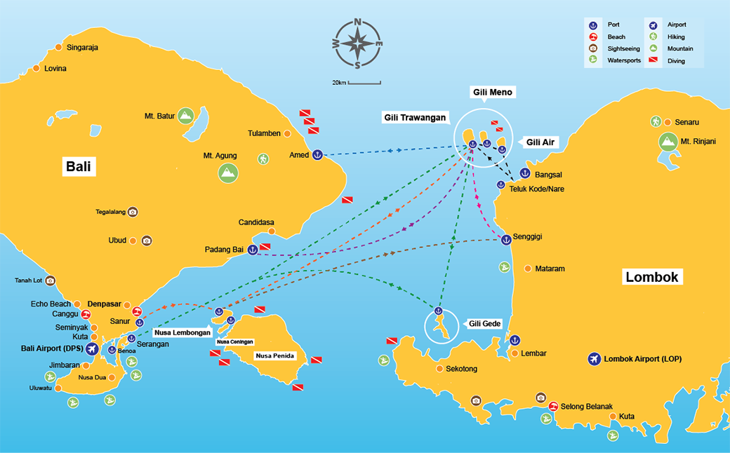 Carte transport Bali - îles Gili - Lombok