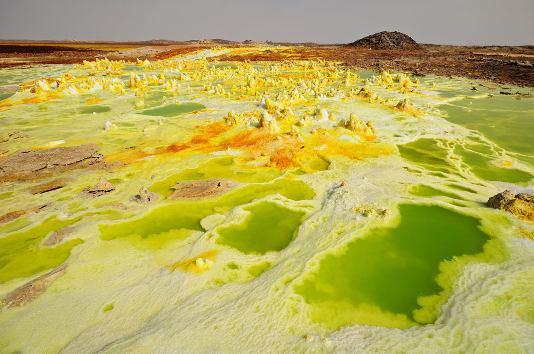 Lacs d'acide verts, soufre et concrétions minérales au volcan Dallol