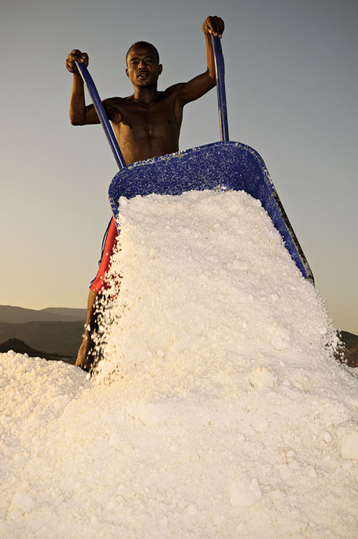 Brouette remplie de sel dans les salines d'Afdera, Ethiopie