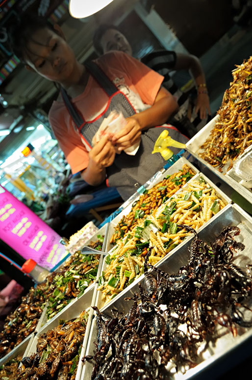 Vendeuse d'insectes grillés sur Khao San Road à Bangkok, Thaïlande