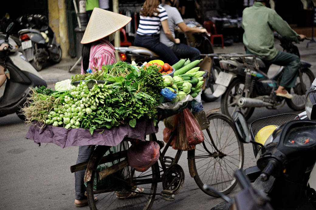 Vendeuse de légumes à vélo à Hanoi, Vietnam