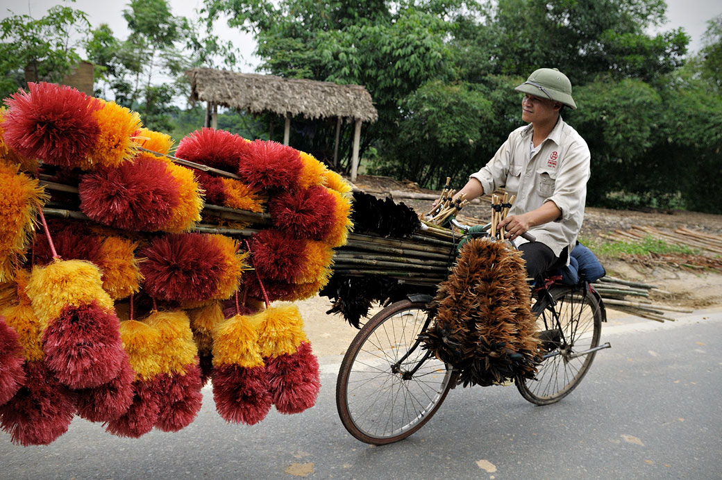 Homme chargé de plumeaux sur un vélo, Vietnam